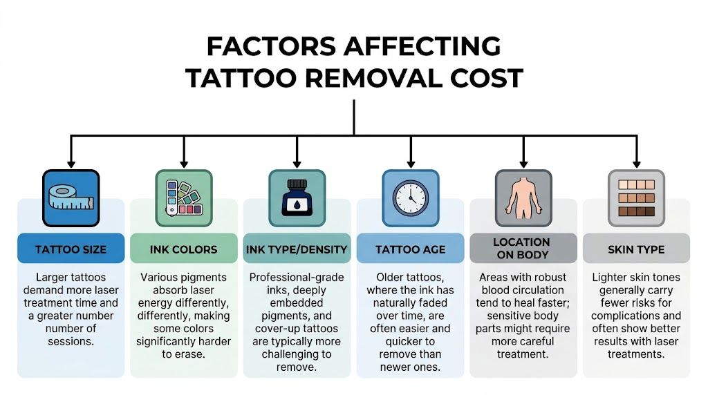 An infographic detailing six key factors that influence the total cost of professional laser tattoo removal.