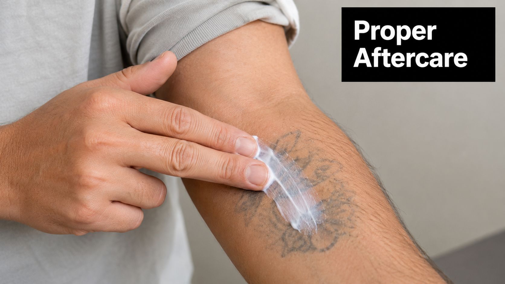 A person applying moisturizing cream to a healing tattoo on their arm for proper aftercare treatment.