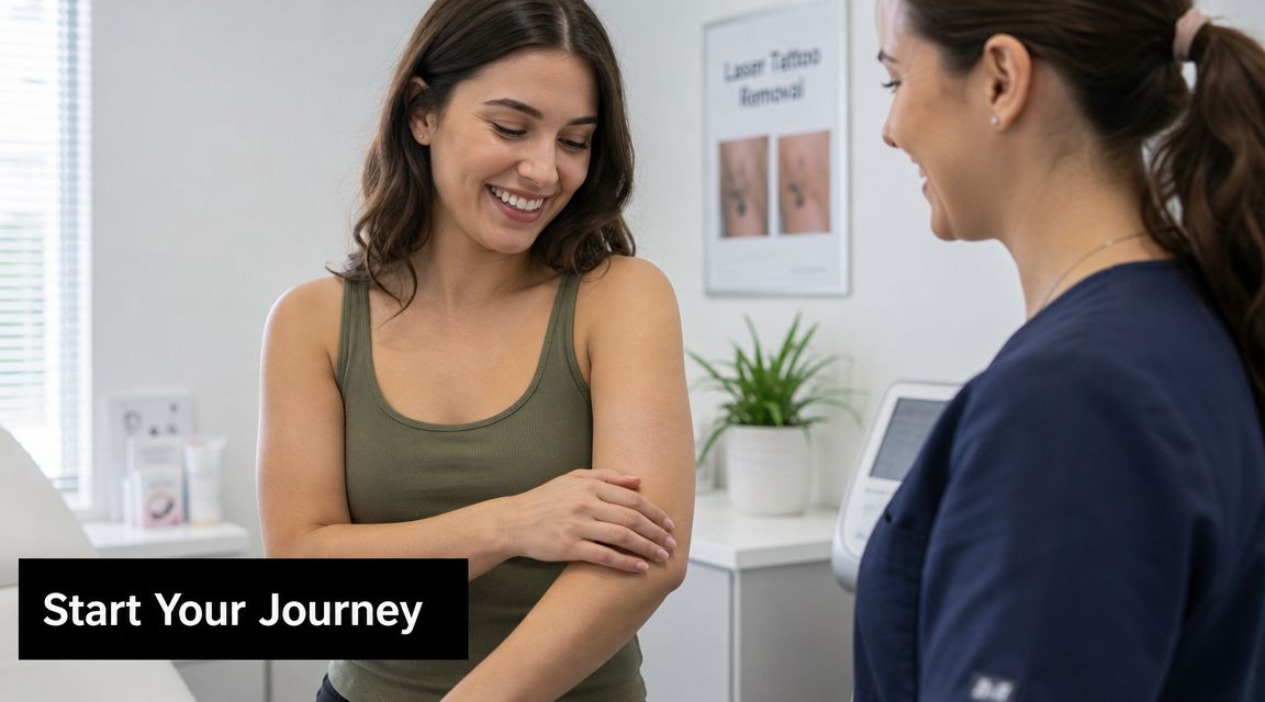 A smiling patient consults with a professional technician about laser tattoo removal in a modern clinic.