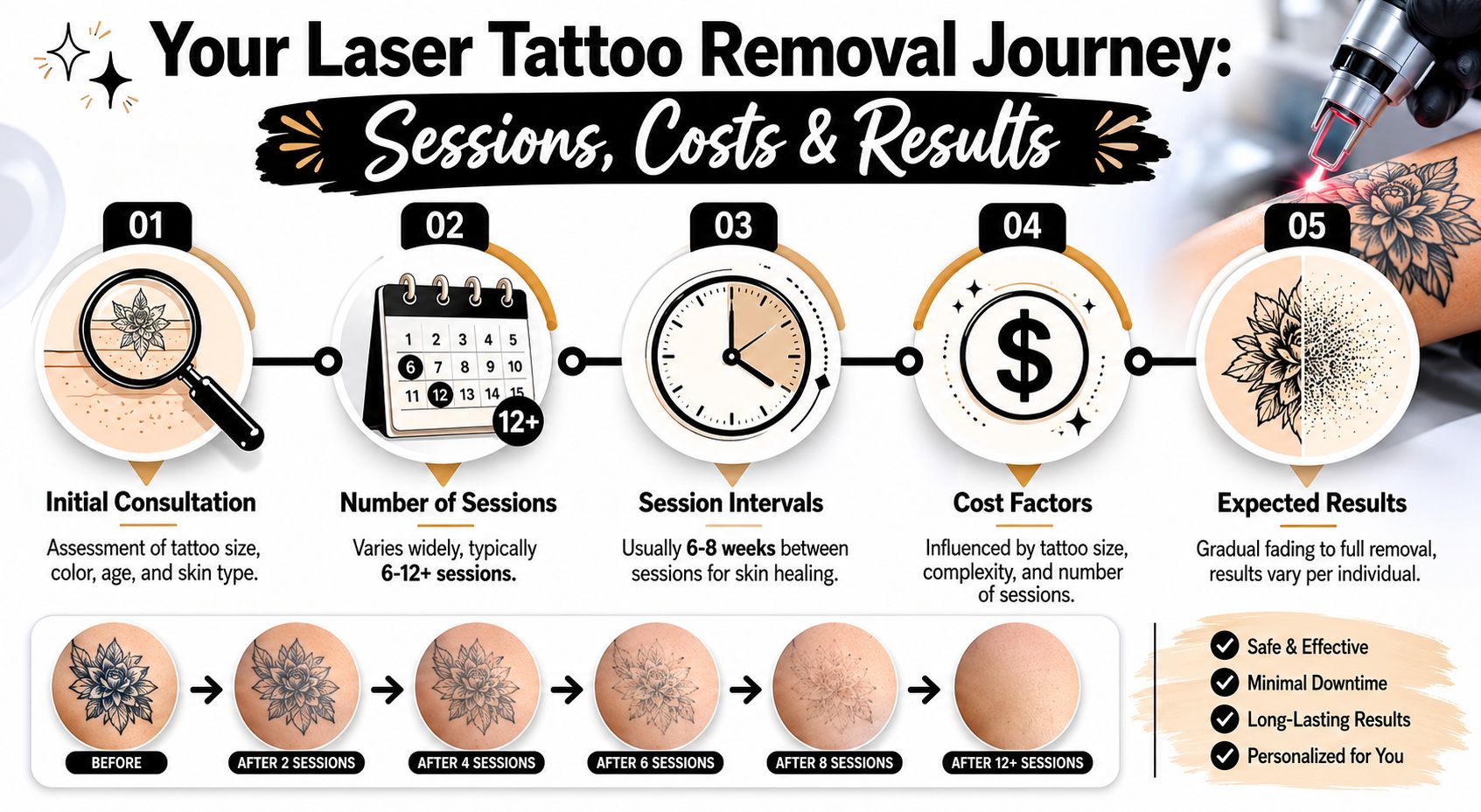 A visual guide outlining the laser tattoo removal process, from initial consultation to final results and expectations.