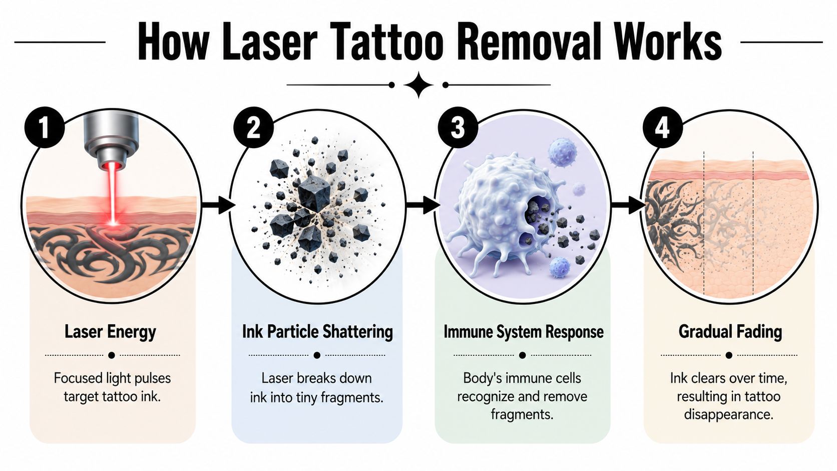 A four-step infographic illustrating the biological process of laser tattoo removal on human skin.