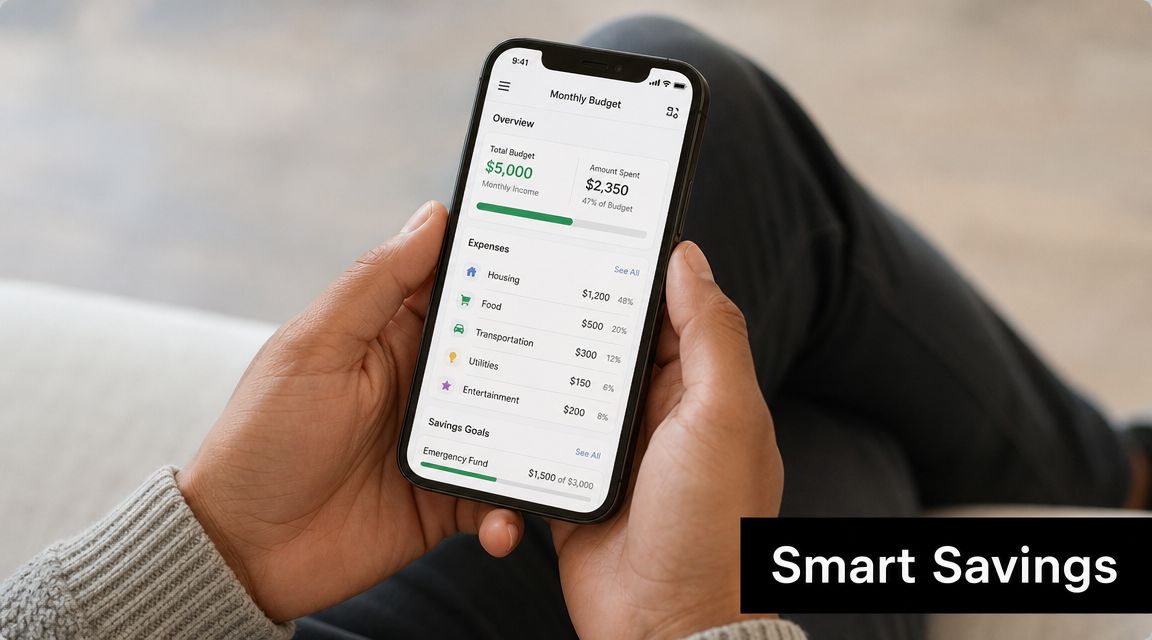 A person holding a smartphone showing a monthly budget tracking app with expenses and savings goals.