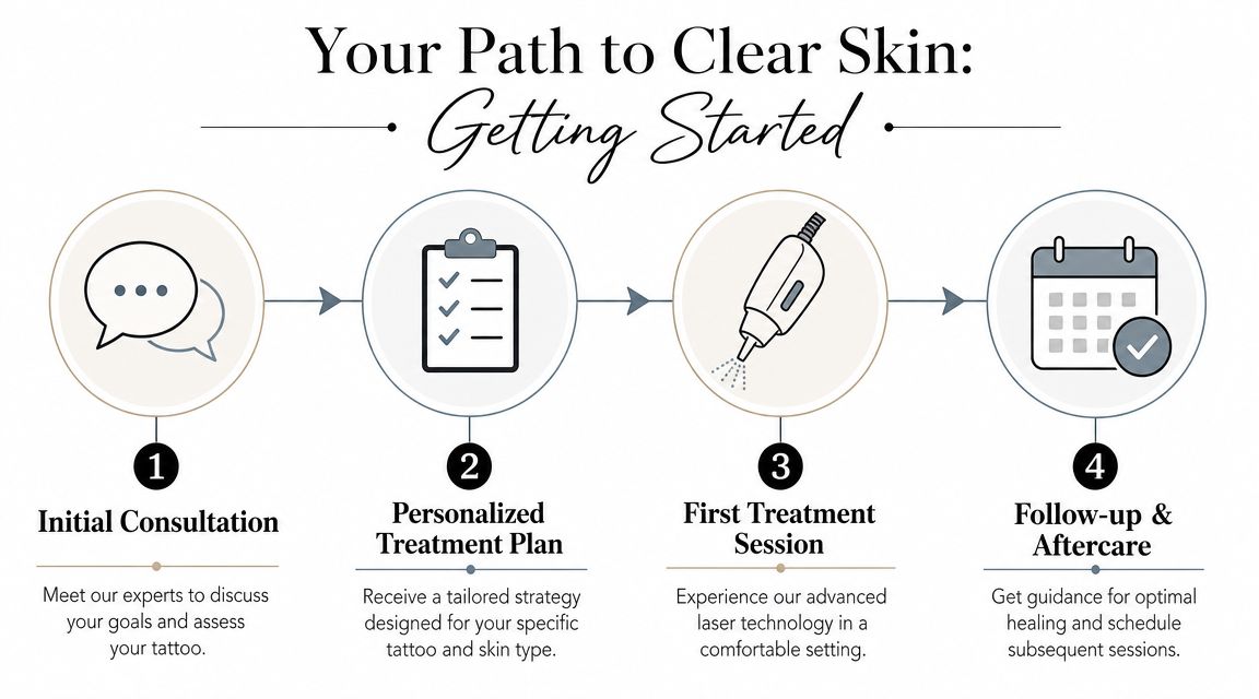 A four-step infographic illustrating the professional process for tattoo removal from initial consultation to aftercare.