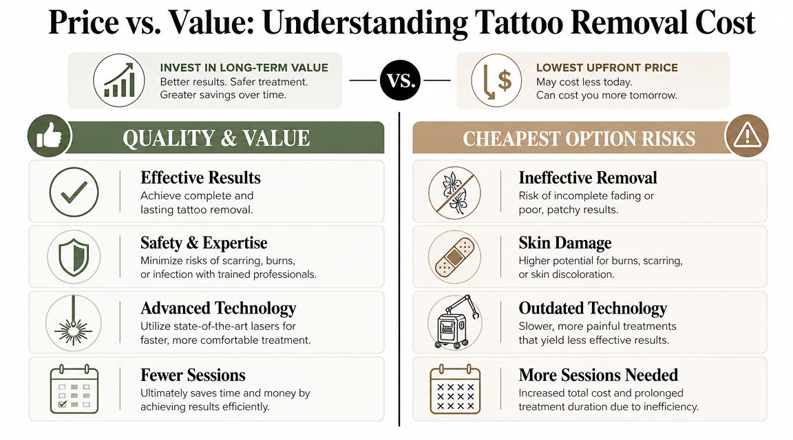 A comparison infographic showing the difference between high-quality tattoo removal and cheap, low-quality, high-risk alternatives.