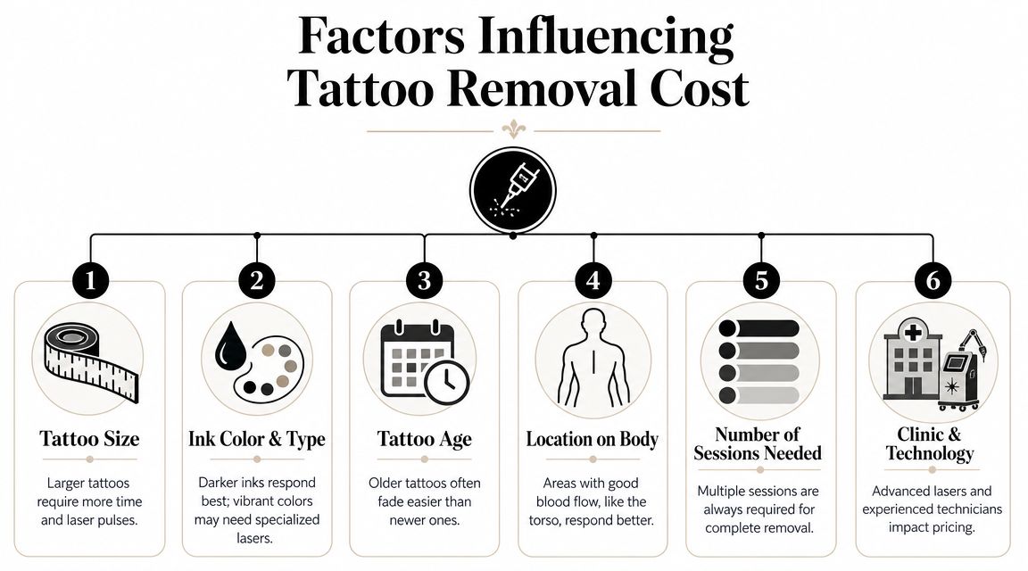 An infographic showing six key factors that influence the total cost of professional laser tattoo removal.