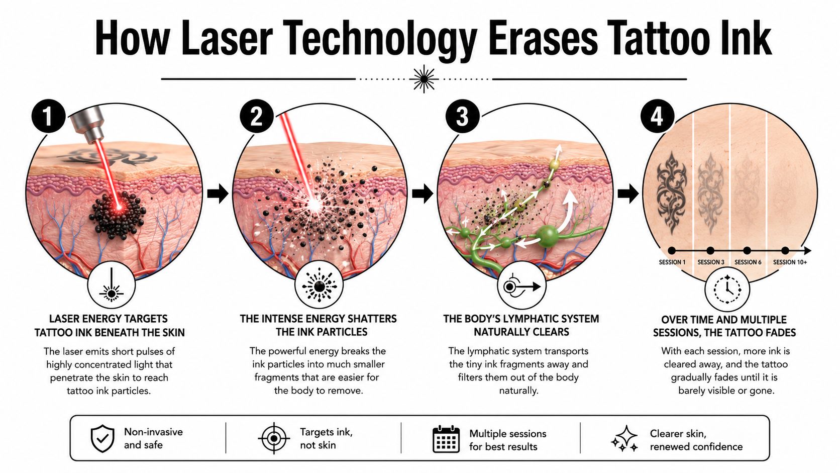 An infographic showing the four stages of laser tattoo removal and how it fades ink particles.