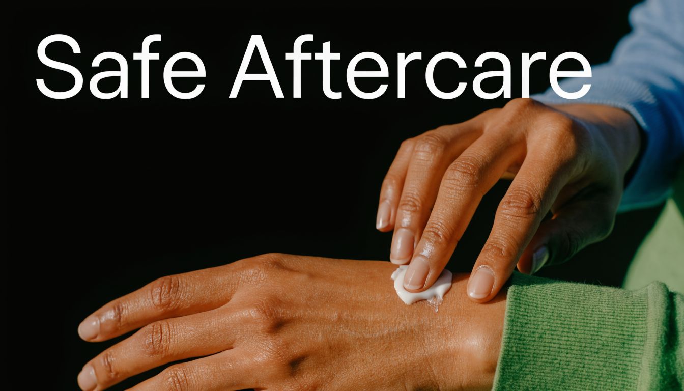 A person applying moisturizing cream to their hand, highlighting the importance of safe post-treatment skin aftercare.