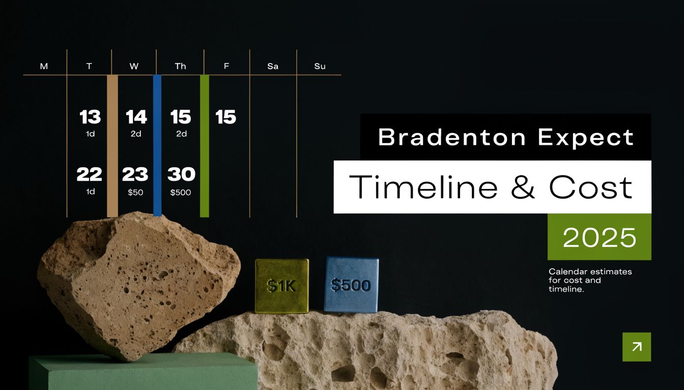 An informative graphic displaying a 2025 timeline and cost estimate for services in Bradenton featuring natural rock elements.
