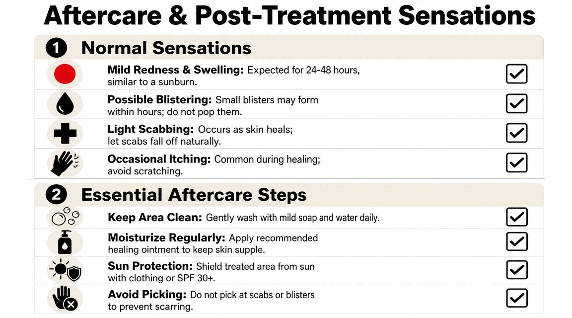 An infographic detailing normal post-treatment sensations and essential aftercare steps for skin recovery after procedures.