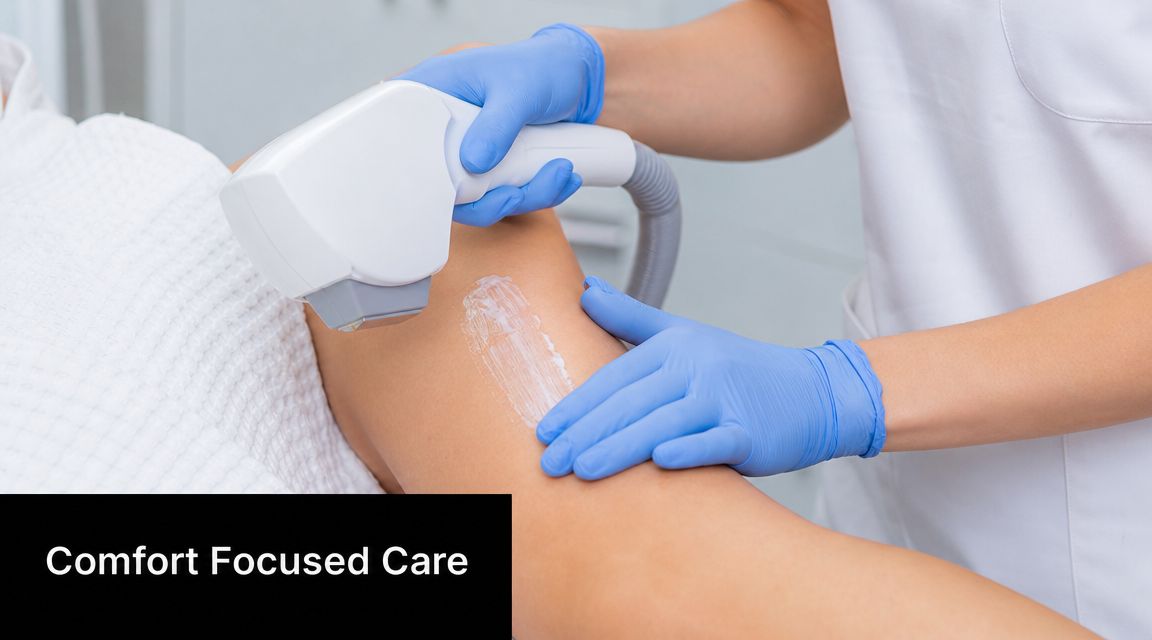 A professional technician performing laser treatment on a patient's arm for comfort-focused skin care.