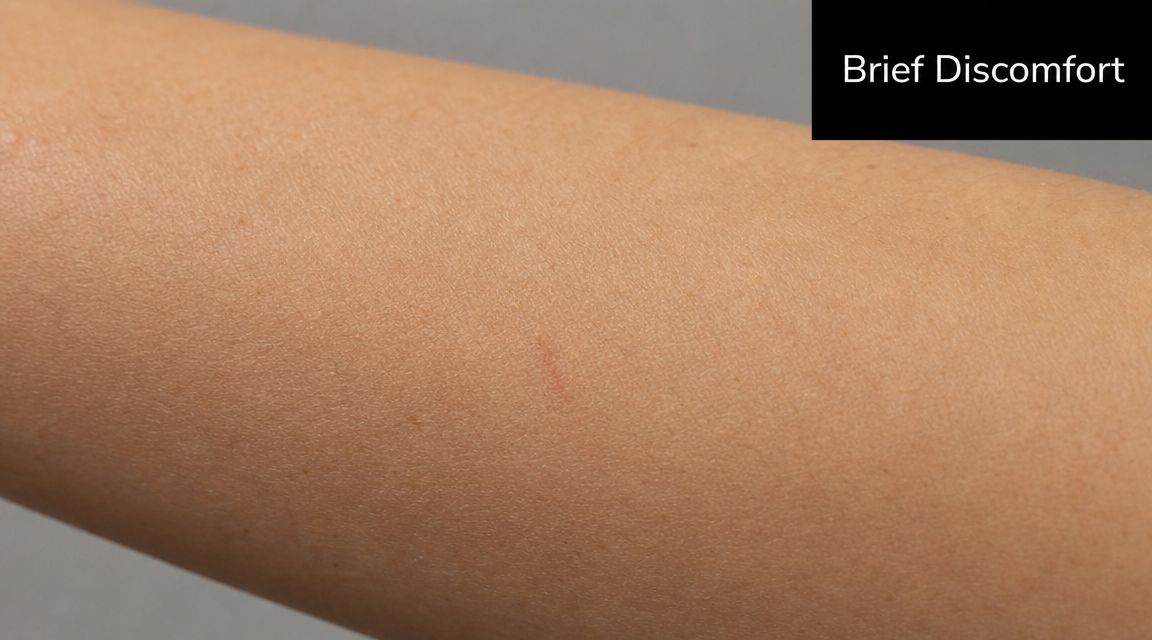 A close-up view of a small, faint skin mark on an arm representing mild tattoo removal sensations.