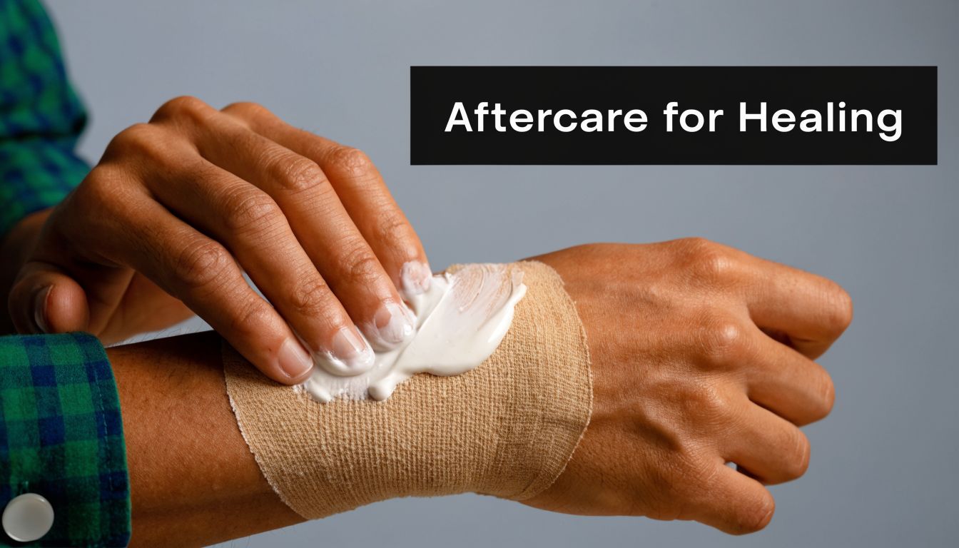 A person applying white healing cream to a bandage on their wrist for aftercare during skin recovery.