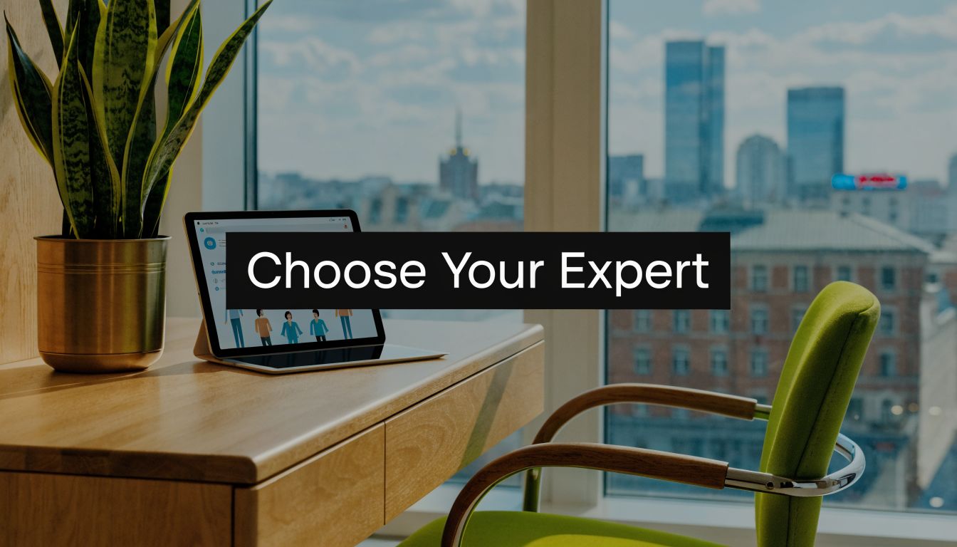 A modern home office setup featuring a desk, green chair, plant, and laptop with virtual expert avatars.