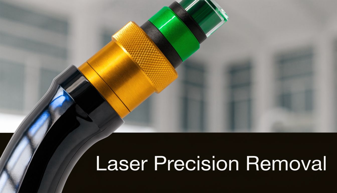 A close-up view of a professional laser handheld tool used for precise skin treatment and tattoo removal.