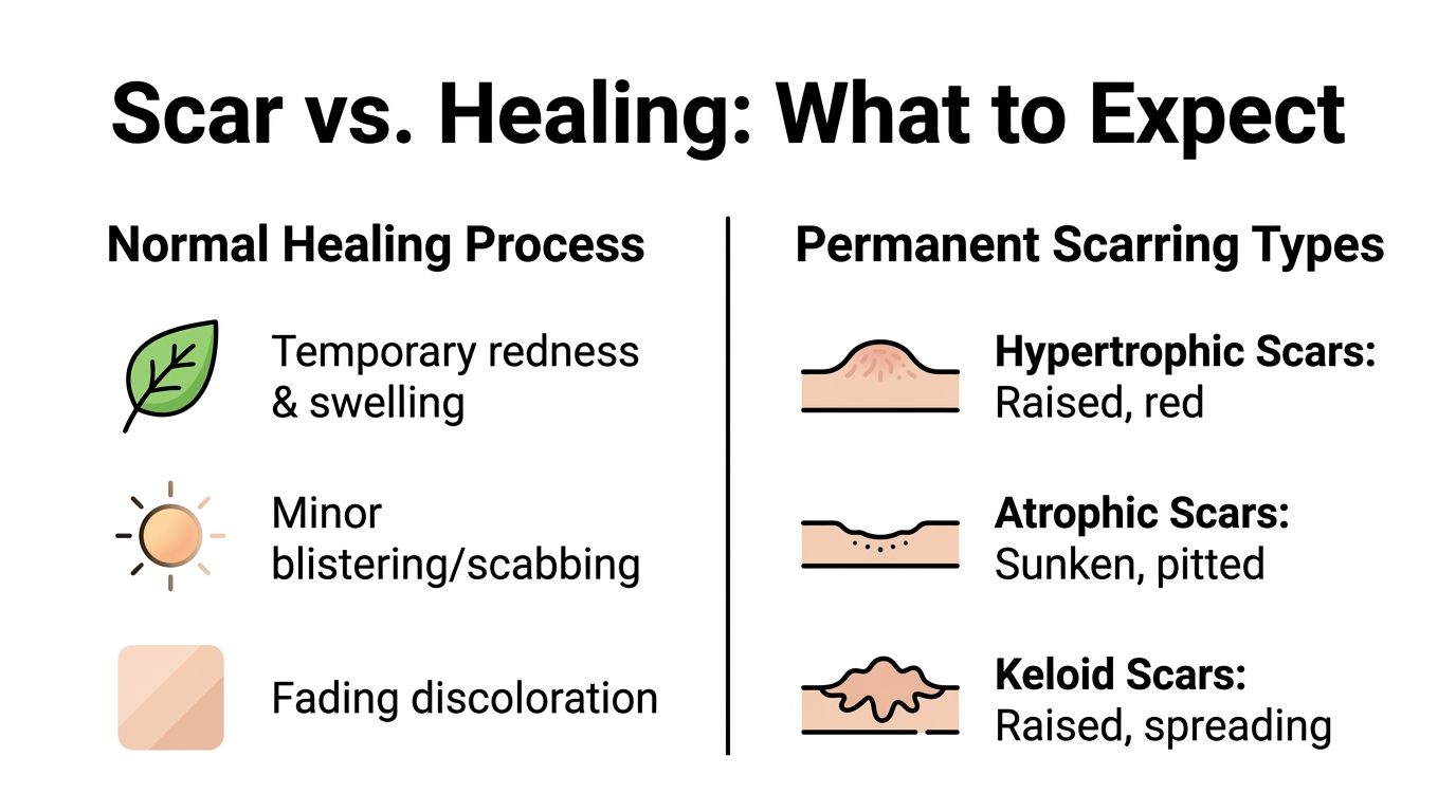 A visual guide comparing normal skin healing symptoms with different types of permanent skin scarring.