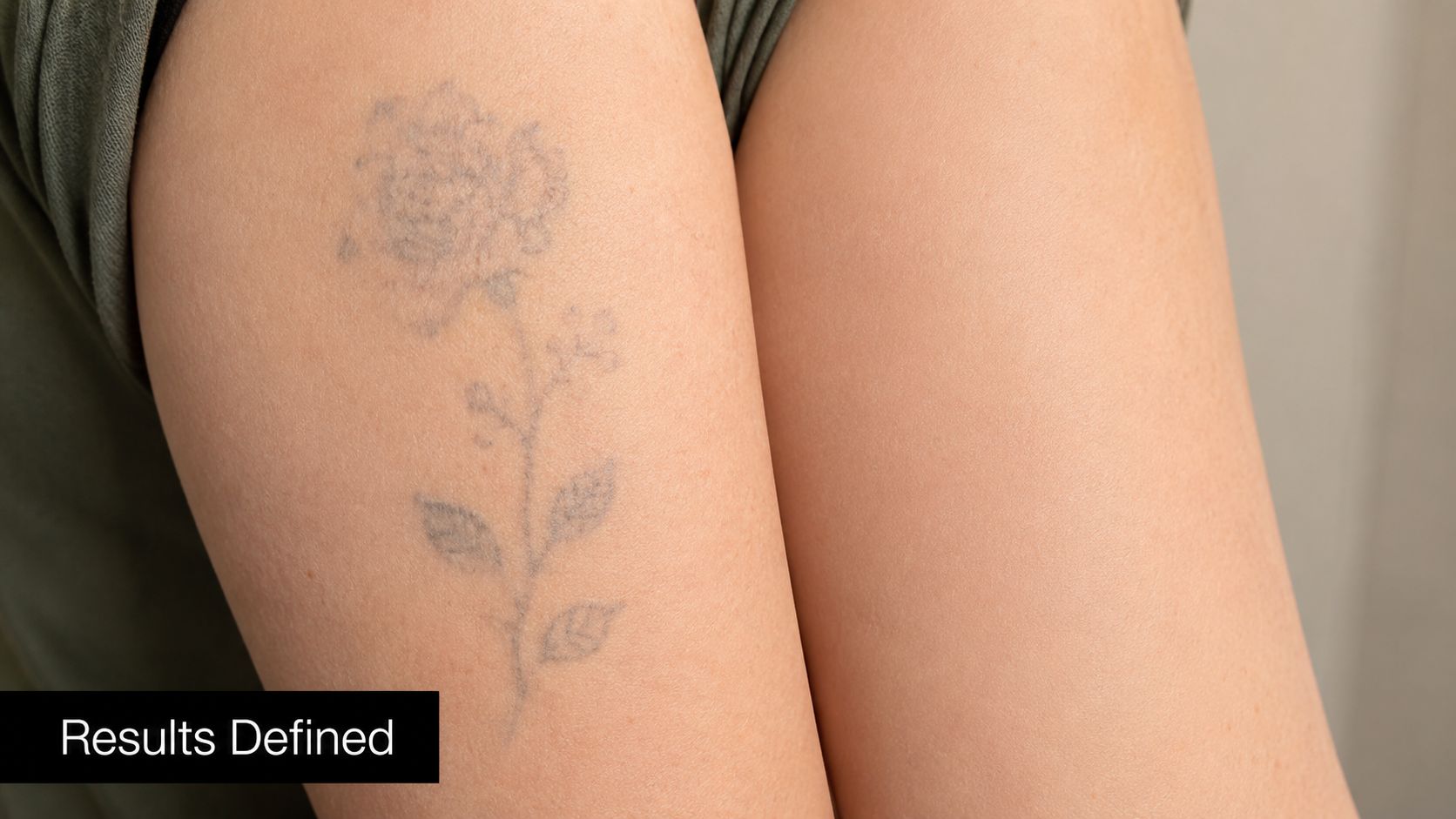 A close-up view of a partially faded rose tattoo on a person's upper arm.