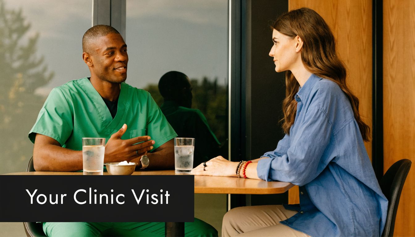 A healthcare professional in scrubs discussing treatment options with a patient during a clinic consultation.
