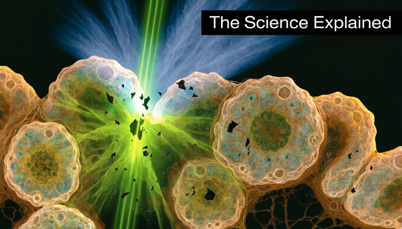 A conceptual digital illustration showing a laser beam striking and breaking down skin cells during tattoo removal.