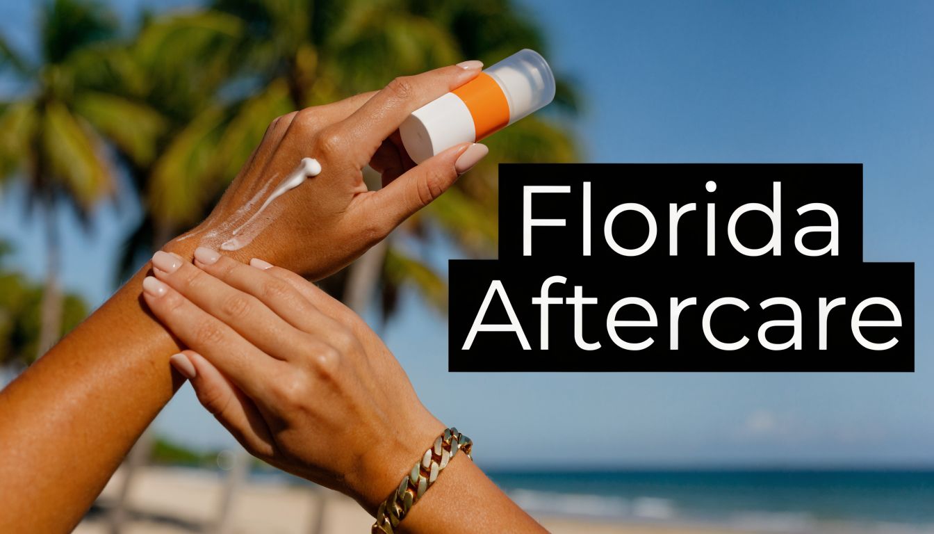 A woman applying lotion to her forearm at the beach with the text Florida Aftercare overlay.