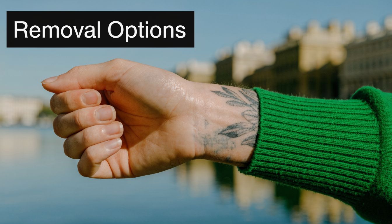A close-up view of a person's wrist with a tattoo, set against a blurry urban water background.