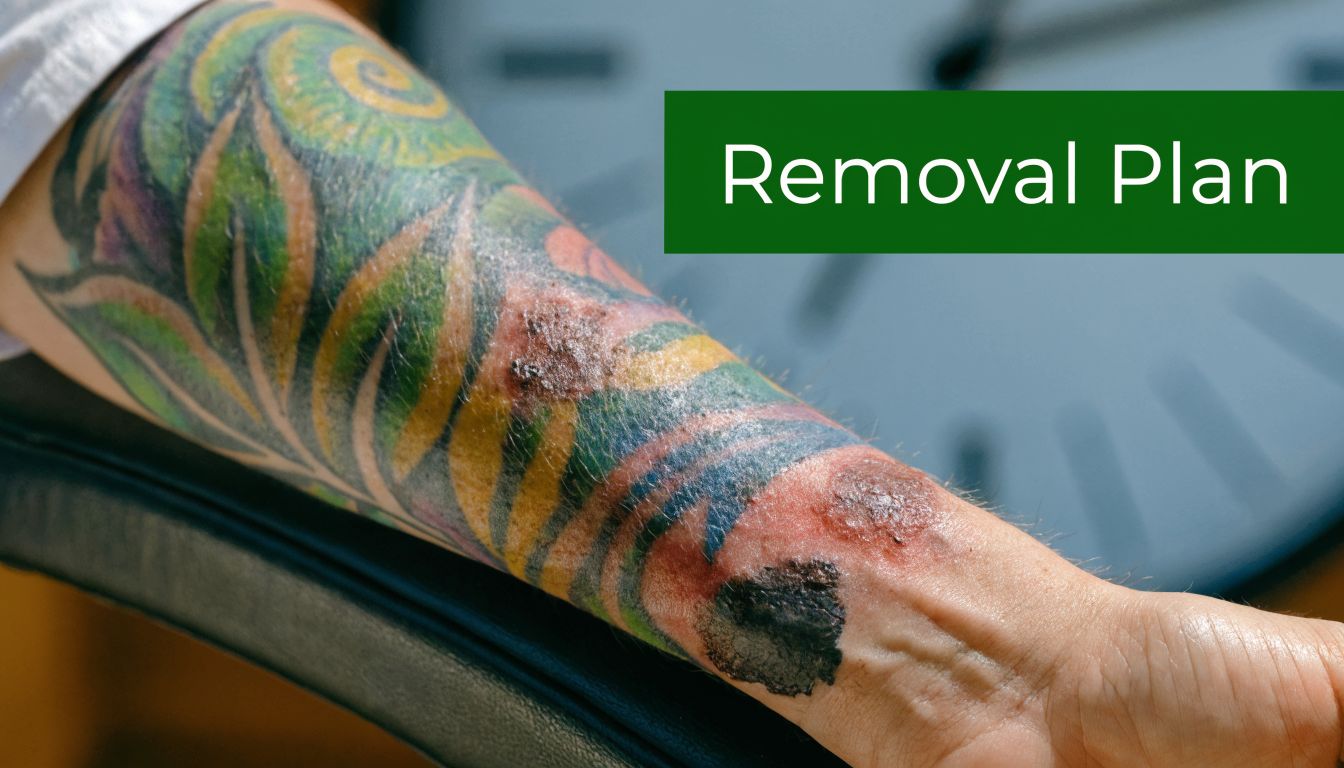 A tattooed arm showing skin damage and healing scabs after undergoing laser tattoo removal treatment.