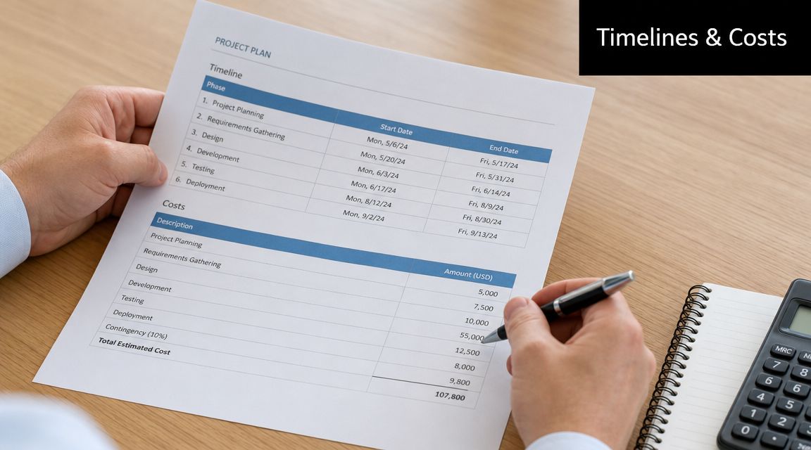 A professional analyzing a project plan document with timelines and cost estimations on a desk.
