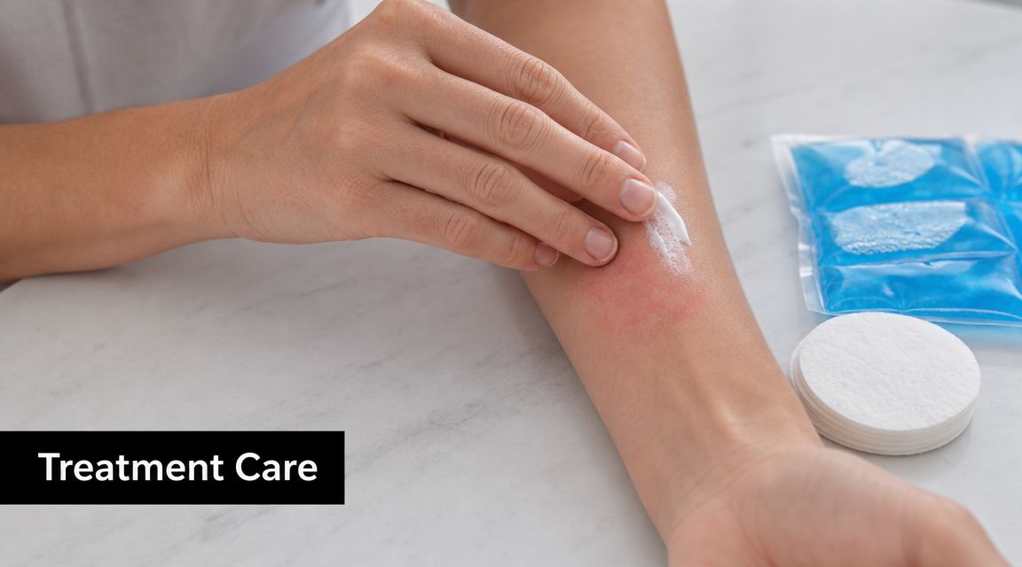 A person applying soothing cream to a red, irritated patch of skin on their forearm near ice packs.