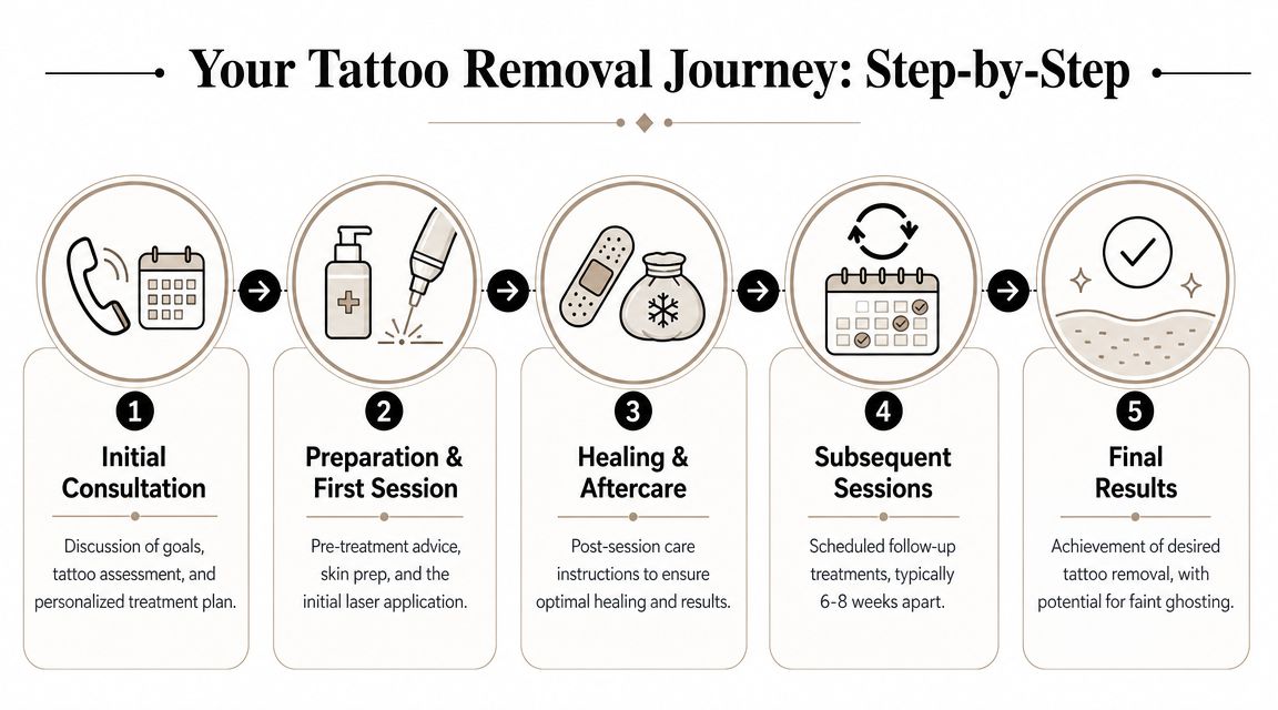 A step-by-step infographic showing the process of tattoo removal from initial consultation to final results.
