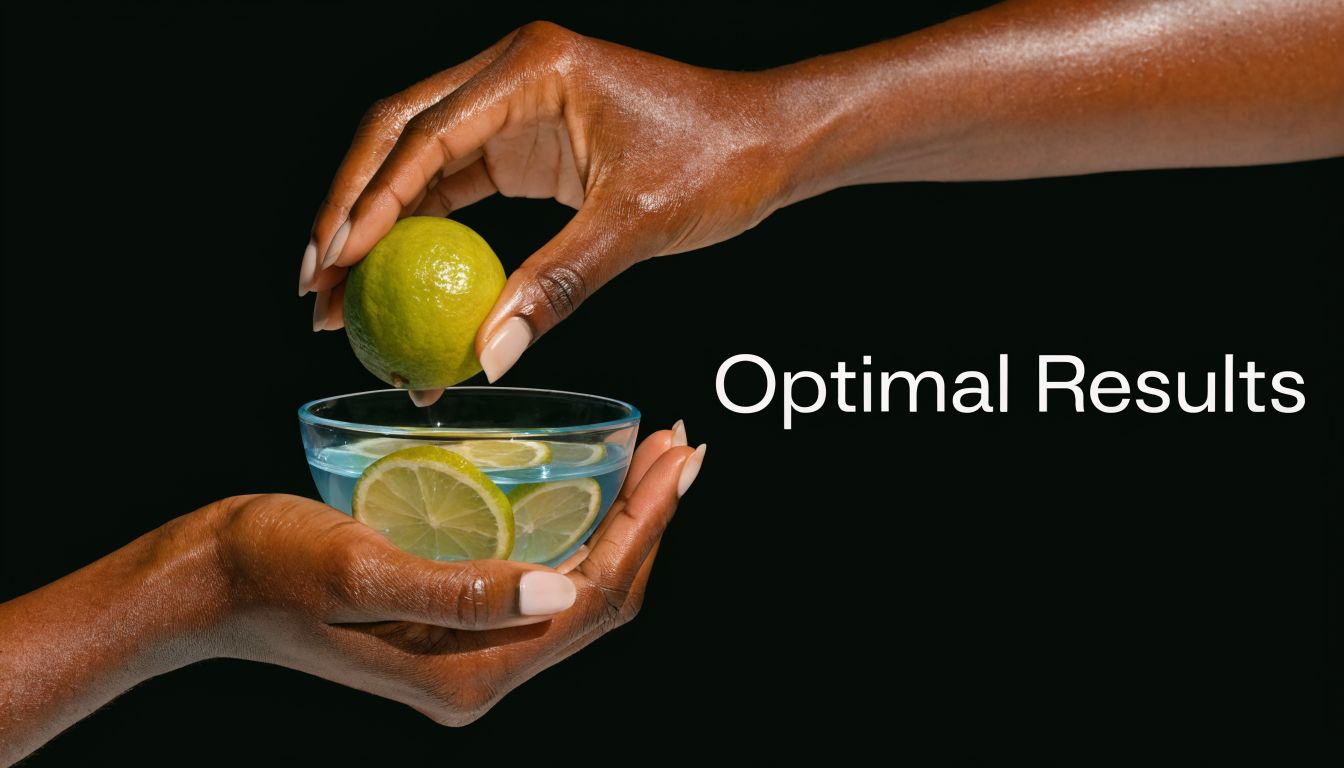 A close-up of dark-skinned hands holding a glass bowl with lime slices and water against a black background.