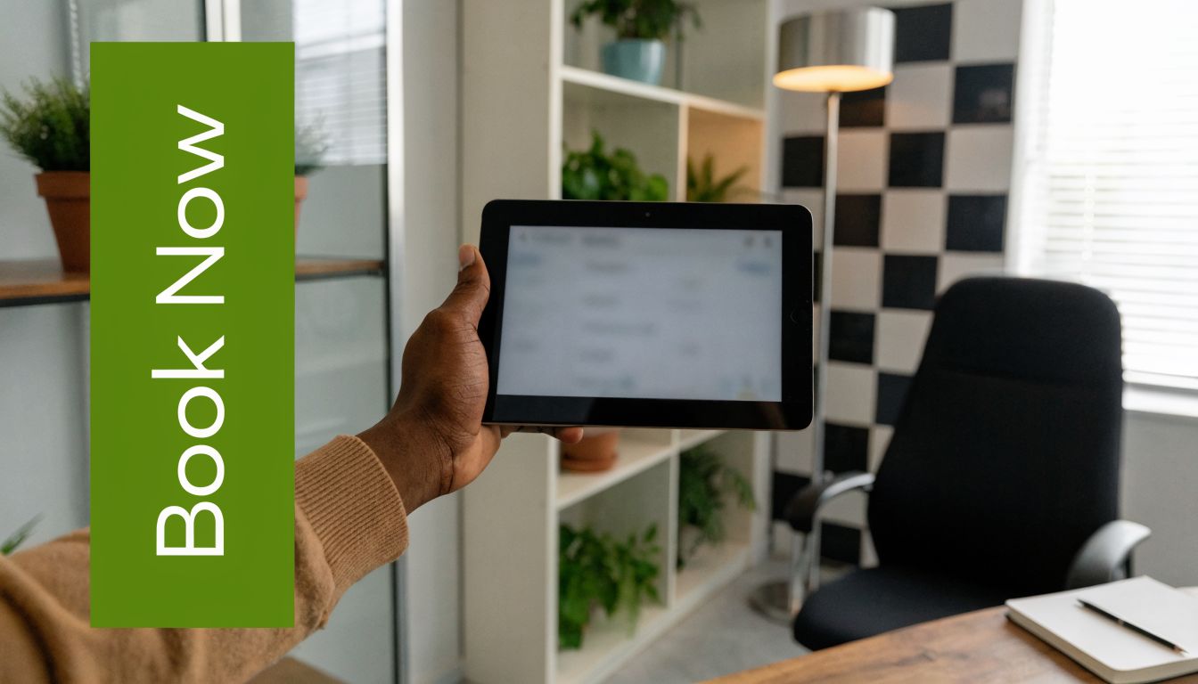 A person holding a tablet computer in a modern office space with plants in the background.