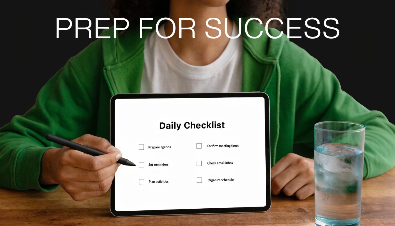 A person in a green hoodie using a digital stylus on a tablet showing a daily checklist.