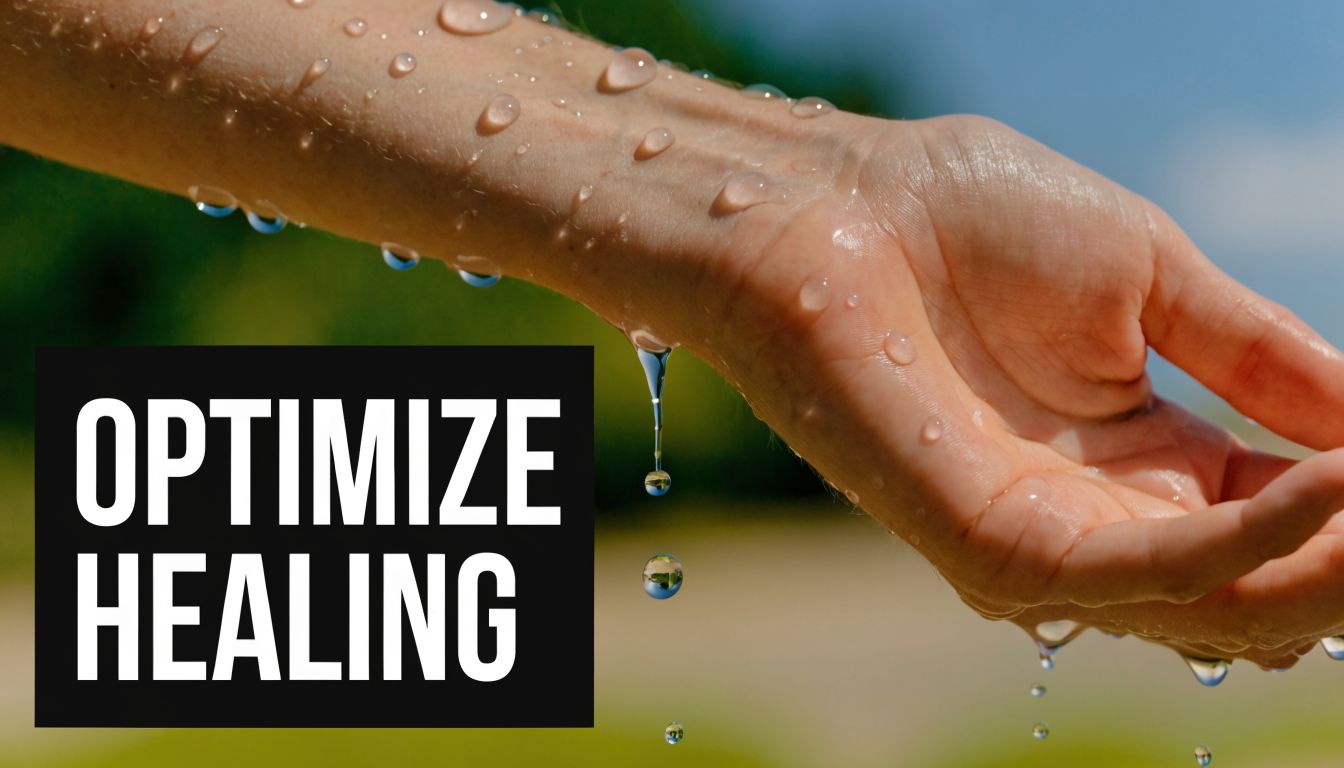 A close-up view of water droplets on a human hand and arm outdoors in natural light.