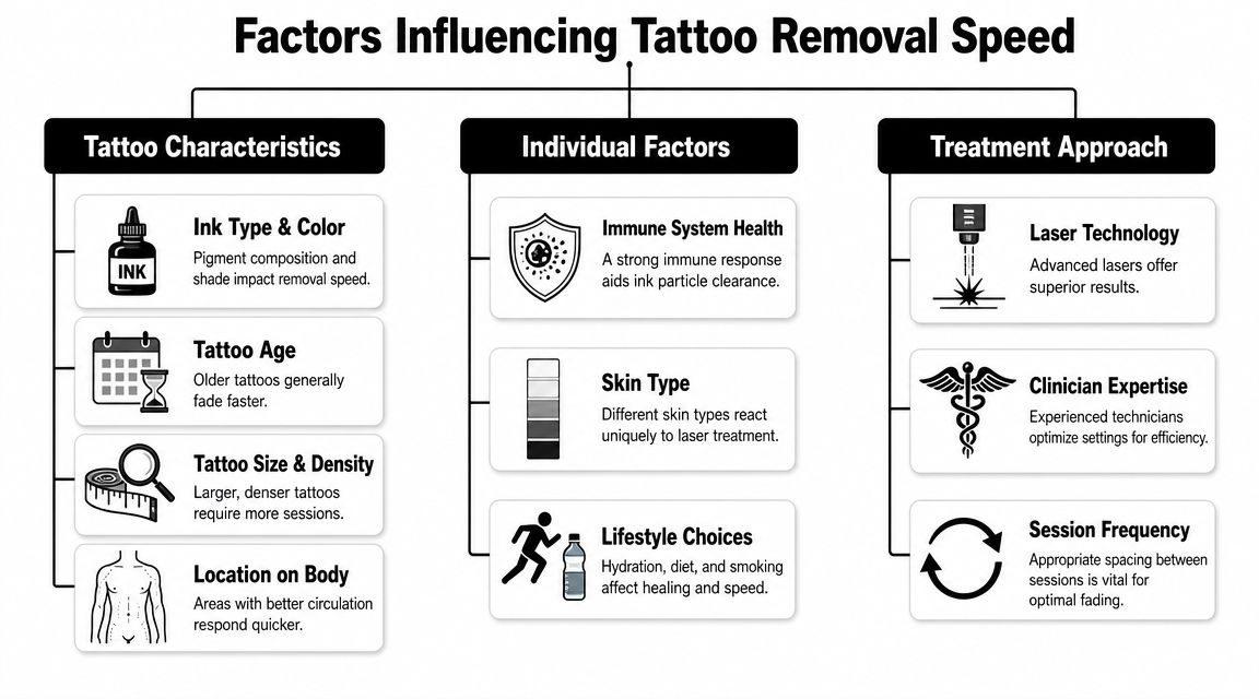 An infographic showing factors influencing tattoo removal speed, including tattoo characteristics, individual factors, and treatment approach.
