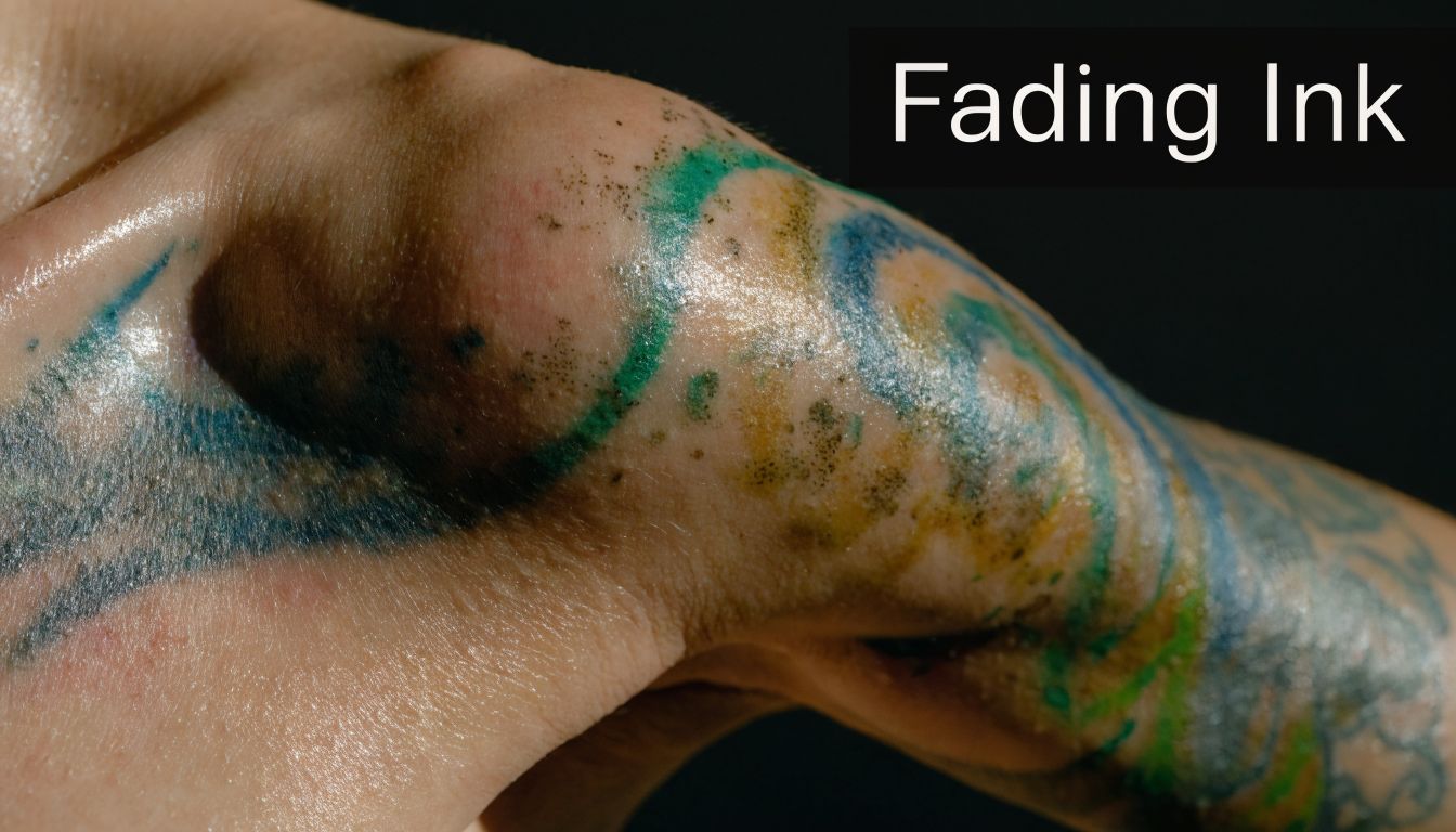 Close-up view of a person's shoulder showing a fading, multi-colored tattoo with skin texture visible.