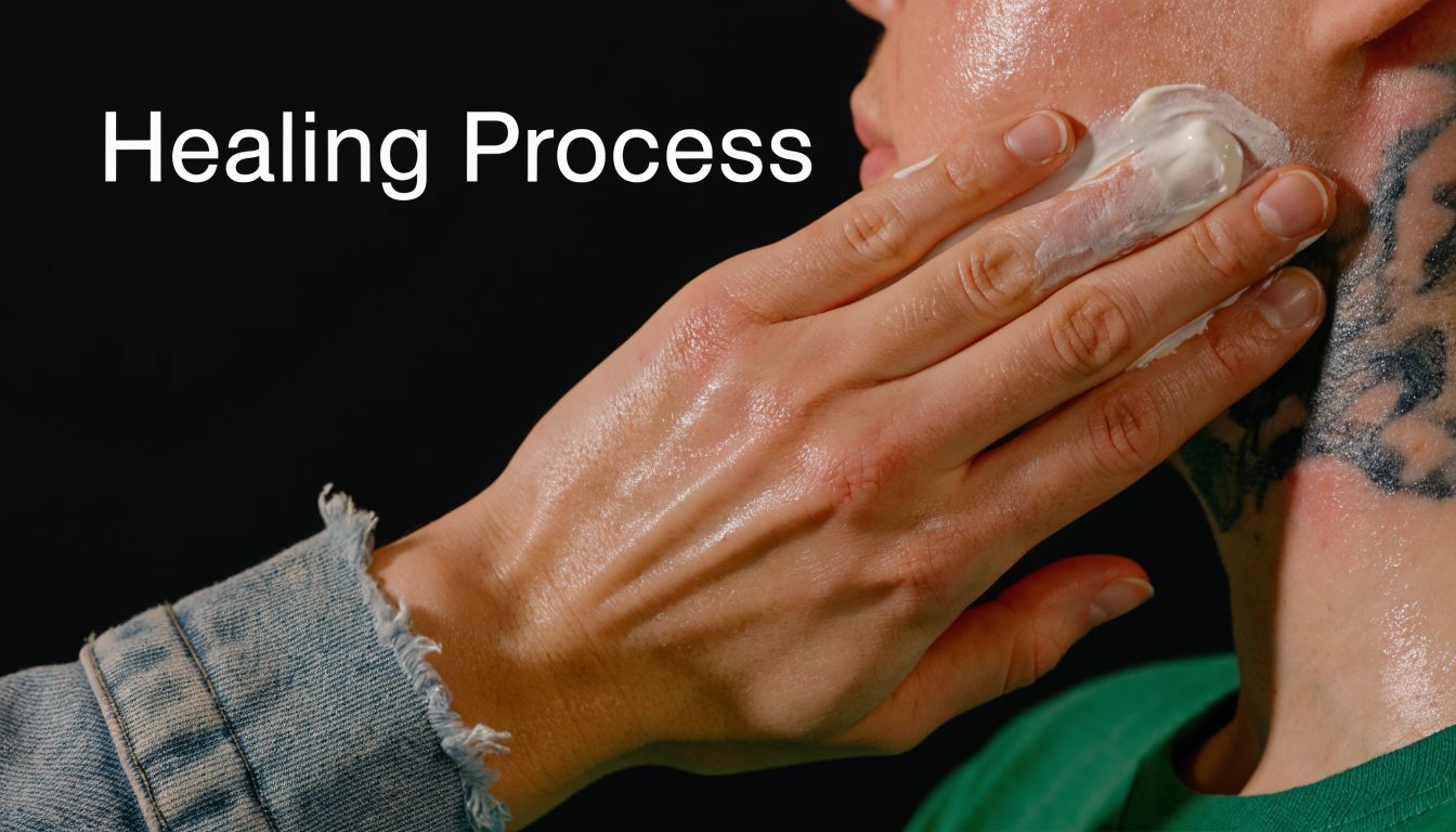 A person gently applying healing ointment to their newly tattooed skin after a laser removal procedure.