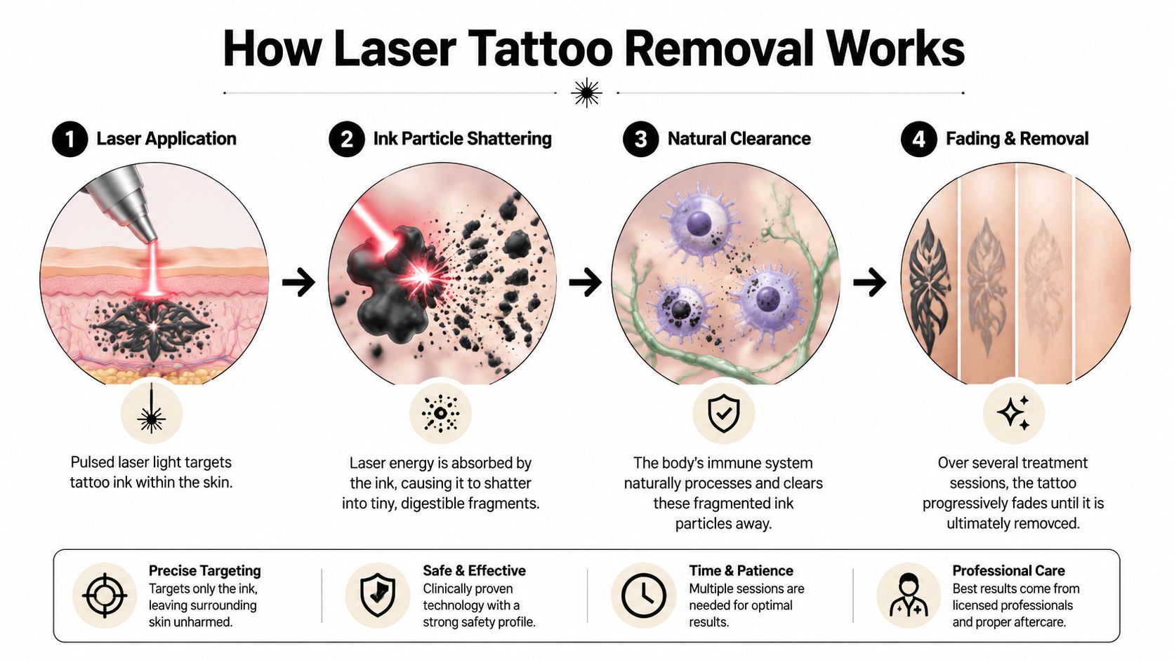 A four-step infographic illustrating the laser tattoo removal process, showing ink breakdown and natural body clearance.