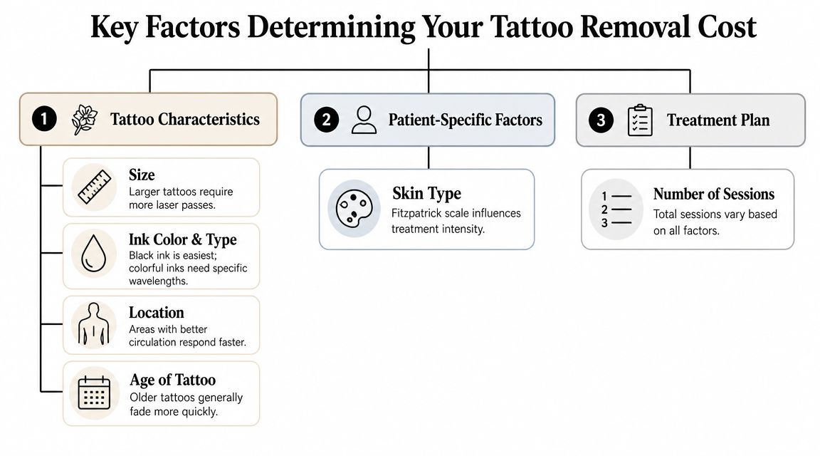 A diagram outlining the key factors that influence the total cost of laser tattoo removal treatments.