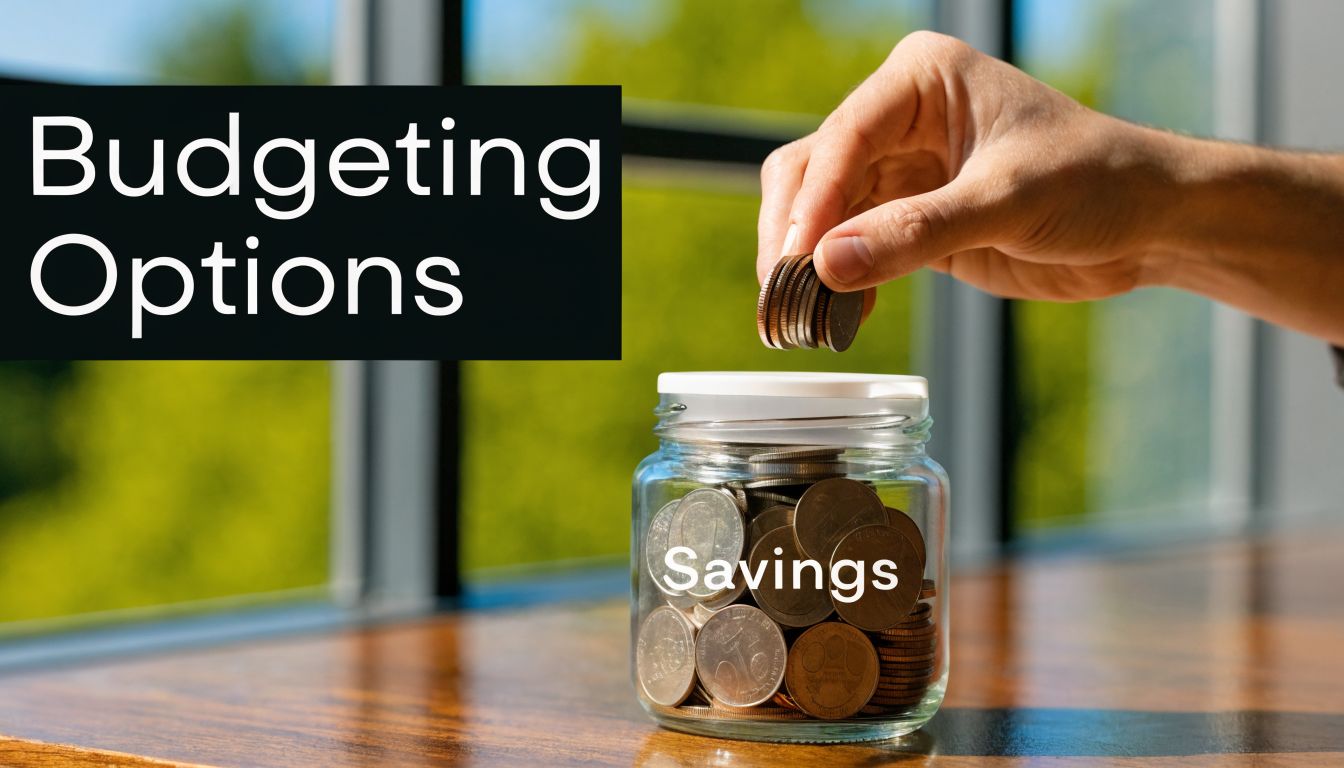A hand placing coins into a clear glass jar labeled savings on a wooden table.