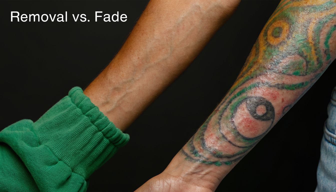 A split image showing a bare forearm next to a forearm covered in a vibrant tattoo.