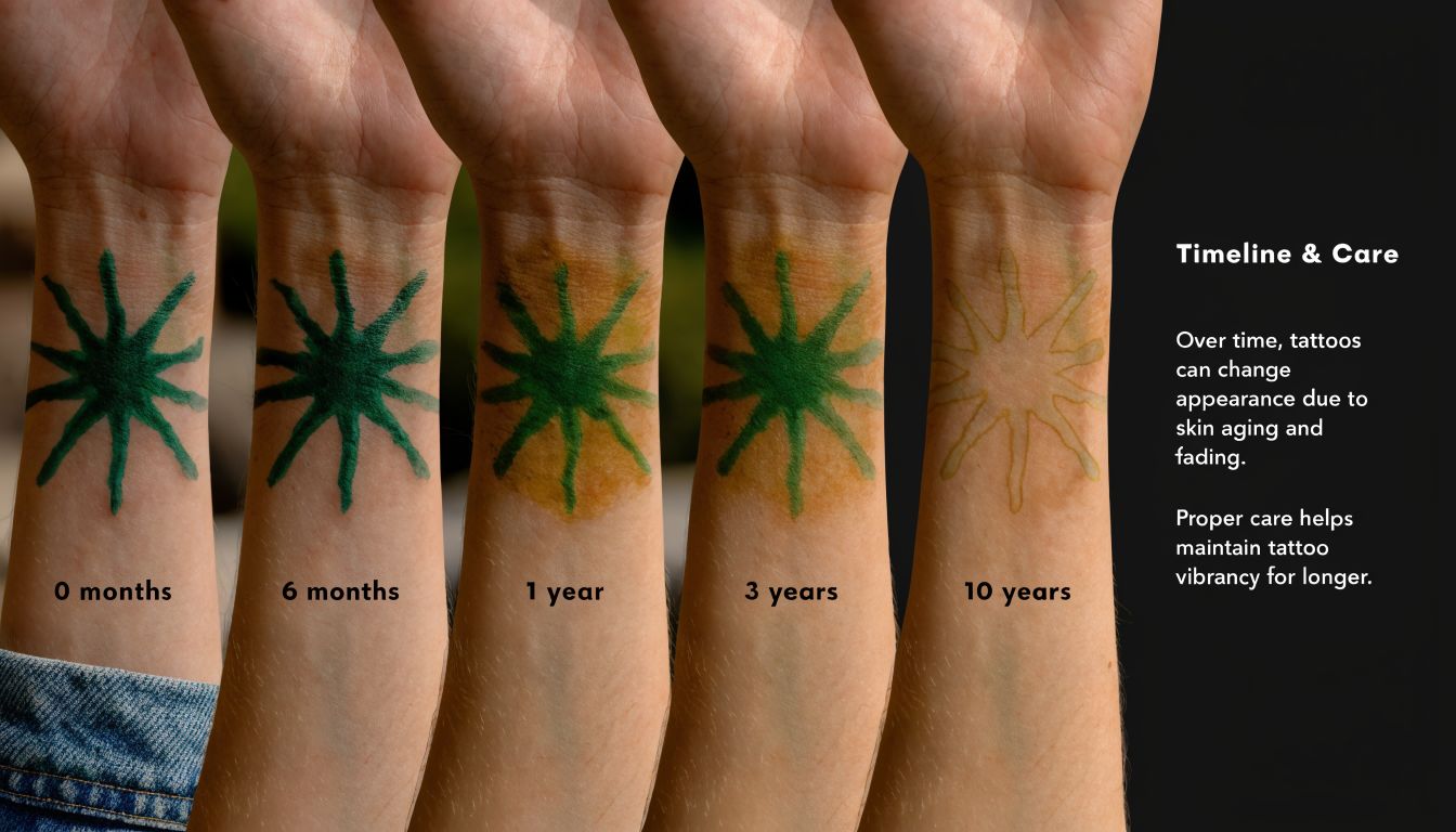 A timeline graphic showing the natural fading process of a wrist tattoo over ten years.