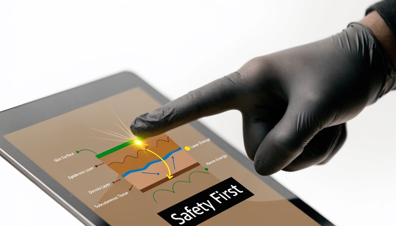 A hand in a black glove touches a tablet screen illustrating skin layers for laser therapy.
