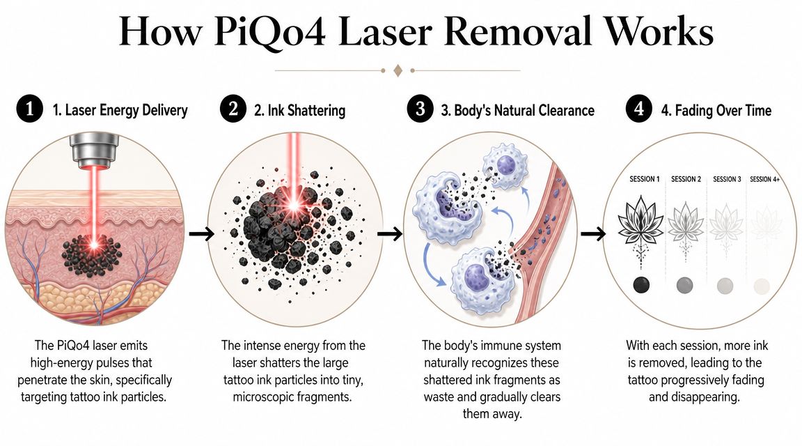 A four-step diagram illustrating the process of how PiQo4 laser technology removes tattoo ink from skin.