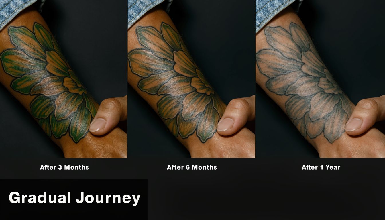 A sequence of arm tattoo removal showing fading results over a period of three months, six months, and one year.