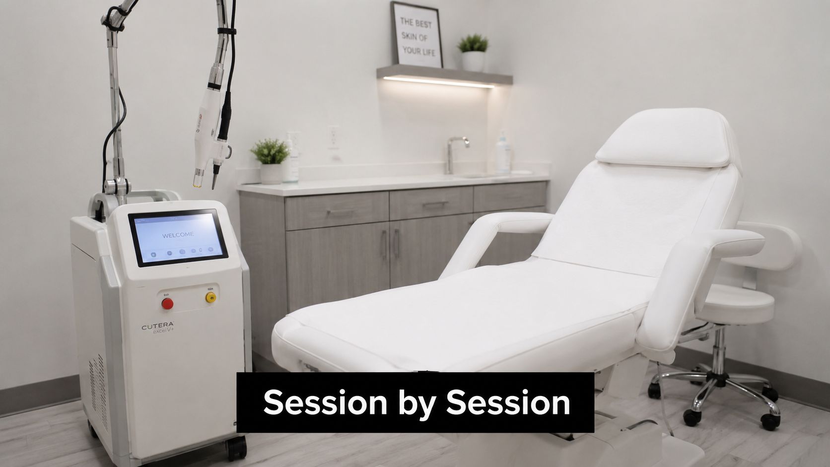 A modern medical spa treatment room featuring a Cutera laser device and a comfortable patient procedure chair.