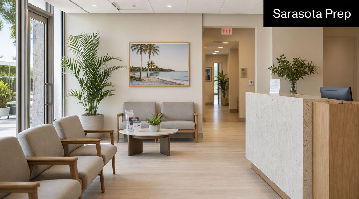 A modern and bright waiting room with comfortable armchairs, a reception desk, and calming beach artwork.