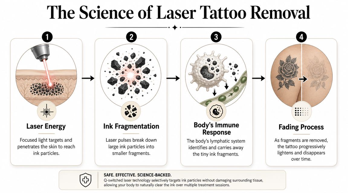 A diagram illustrating the four steps of laser tattoo removal, showing ink particles being broken down and removed.