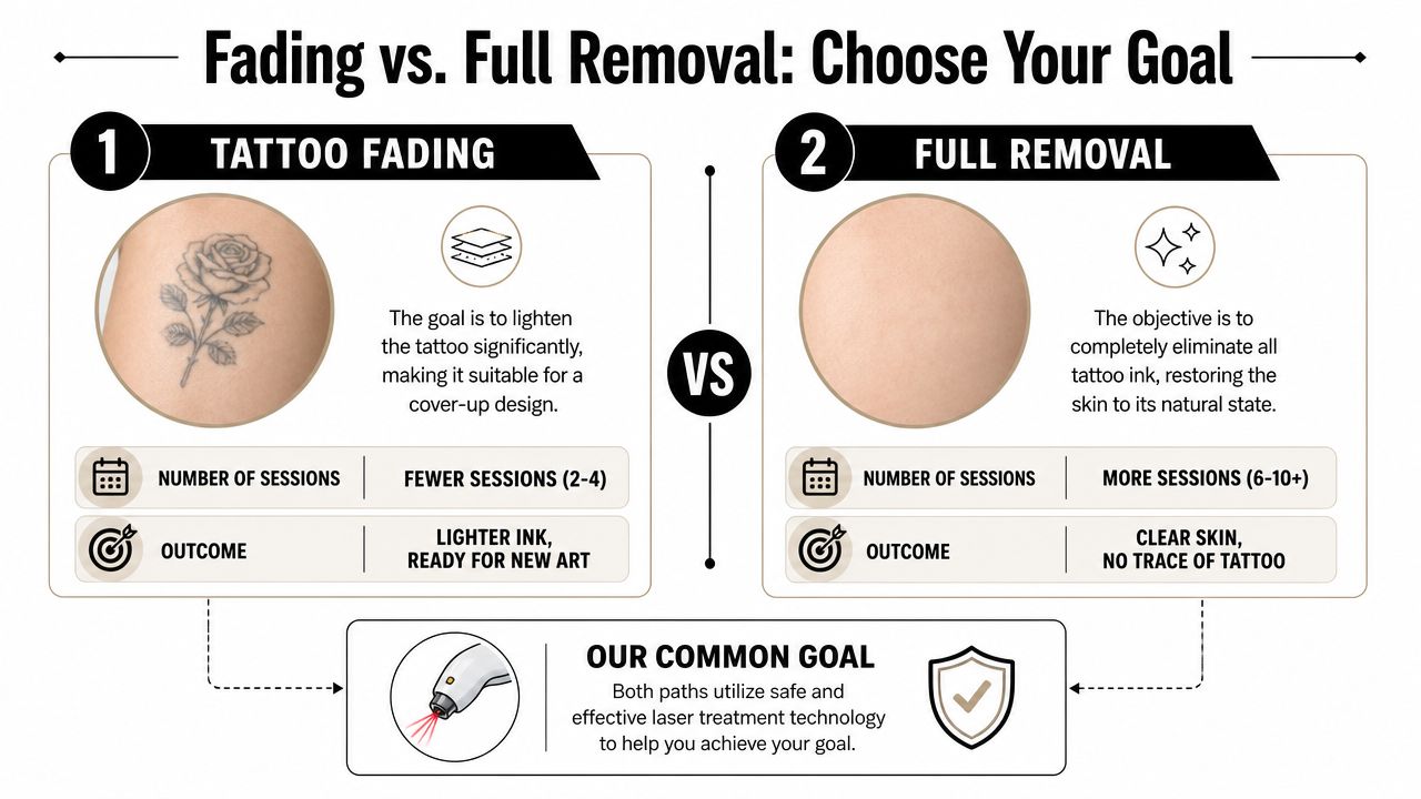 A comparison infographic between tattoo fading for cover-ups and full tattoo removal using laser technology treatments.