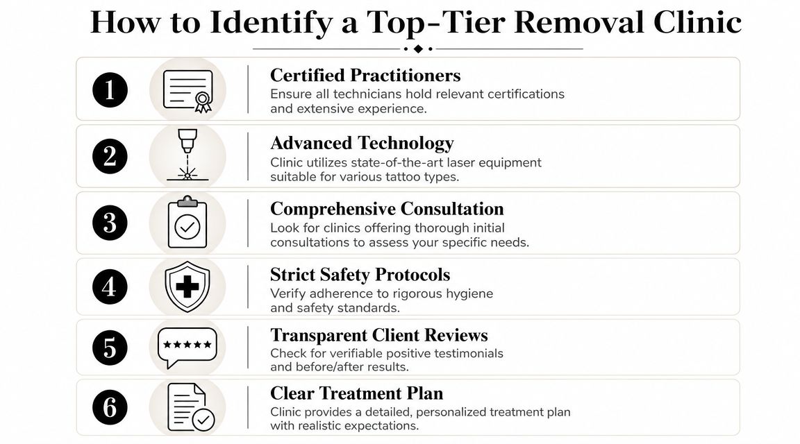 A professional infographic listing six essential criteria for identifying a high-quality laser tattoo removal clinic.