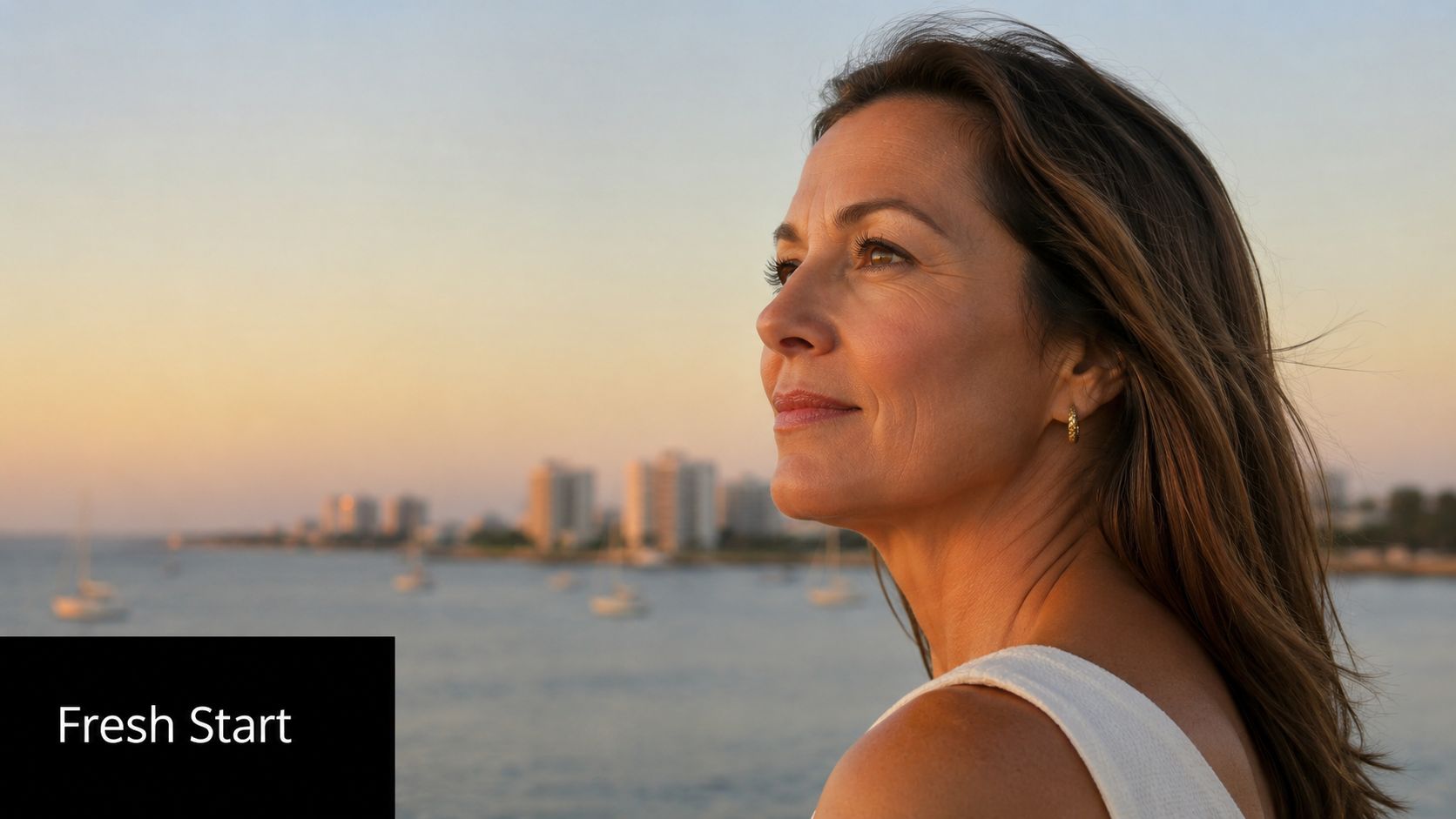 A woman looks serenely toward the horizon at sunset with coastal city buildings in the background.