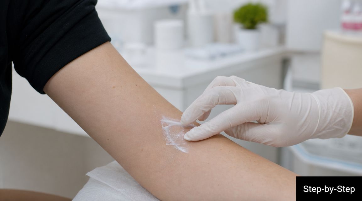 A gloved professional applies a soothing cream to a patient's arm during a clinical procedure.